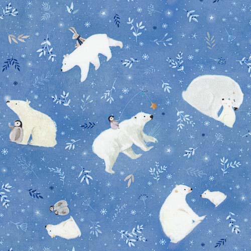 Snowy Fable - Polar bears, penguins & rabbits - Blue - tossed animals on blue