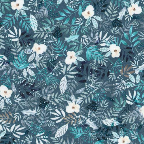 Snowy Fable - Winter Floral -Blue - teal, white & dusty blue floral