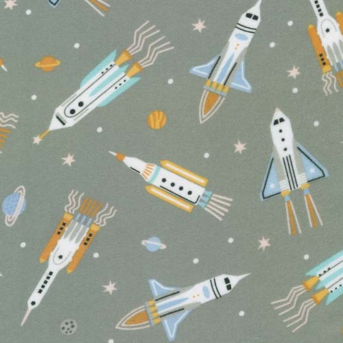 Astrobots Flannel - Space Ship - Pewter - rocket ships on gray