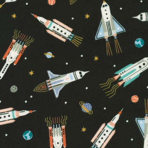 Astrobots Flannel - Space Ship - Black - rocket ships on black