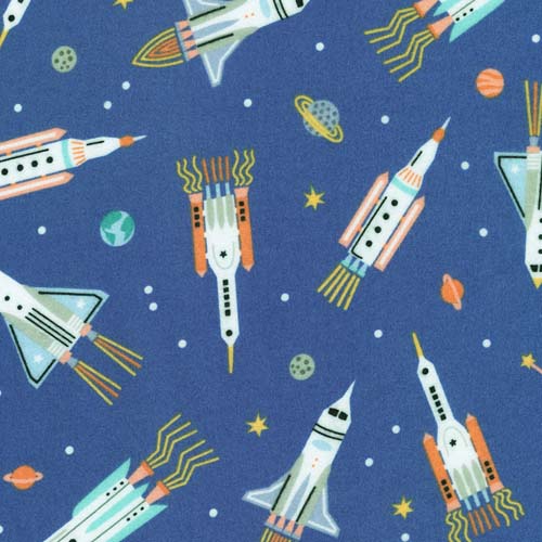 Astrobots Flannel - Space Ship - Cobalt - rocket ships on blue