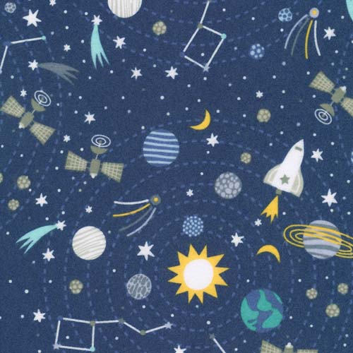 Astrobots Flannel - Celestial- Midnight - rockets, stars & planets on blue