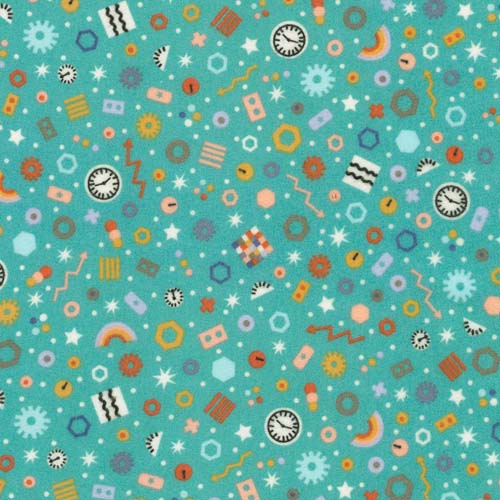 Astrobots Flannel - Findings - Teal - nuts & bolts,gears, etc. on bright teal