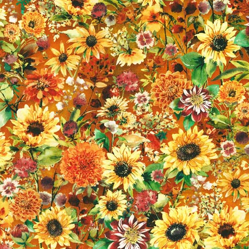 Sunlit Garden - Packed floral- Rust - sunflowers & mums on rust
