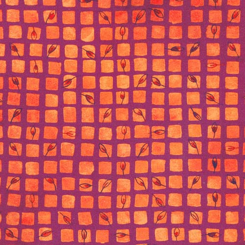Sunlit Garden - Squares - Berry - leaves in magenta grid on orange