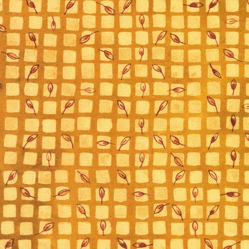 Sunlit Garden - Squares - Curry - leaves in dark gold grid on light gold