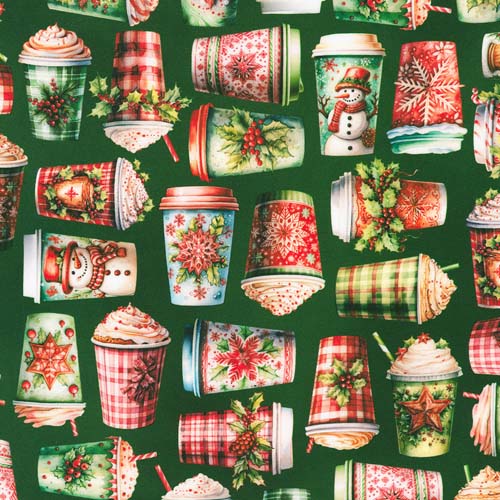 Frosted - Holiday Cups - Green - Holiday hot cocoa cups on green