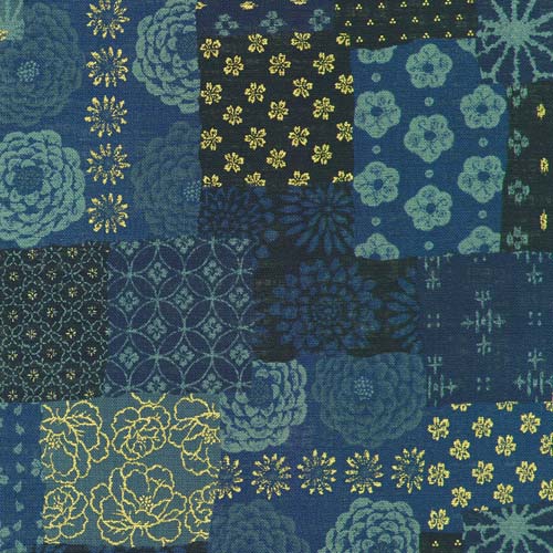 Sevenberry: Nara Homespun -Navy - canvas patchwork in blues w/gold metallic