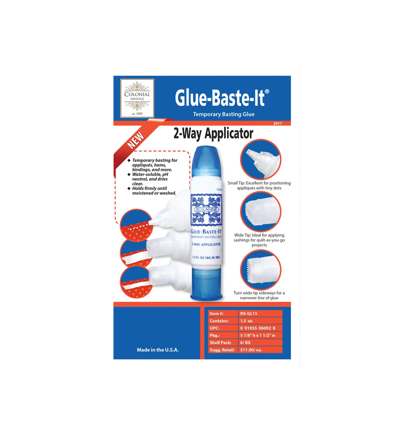Roxanne Glue Baste-It - 1.5 fl oz. Has a small and a wide tip applicator.