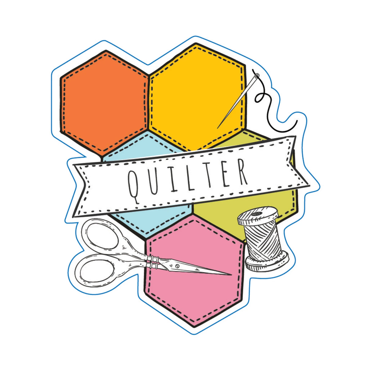 Slightly Biased Quilts - Sticker - Quilter w/hexies & scissors