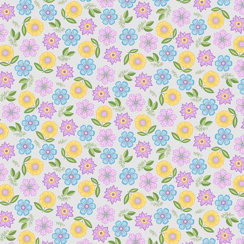 Happy Spring - Tossed Flowers- Multi - pastel flowers on light gray
