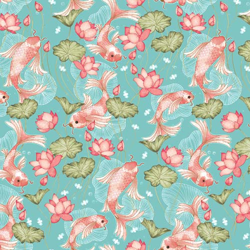 Koi Garden - Tossed Koi Fish - Multi - coral fish on aqua with lily pads