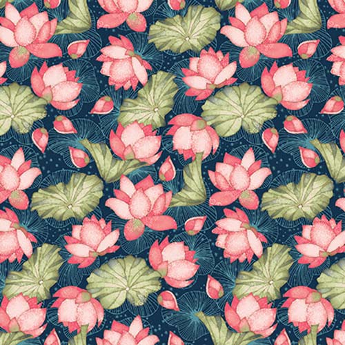 Koi Garden - Tossed Lily Pads- Multi - Pink lotus flowers on lily pads on teal