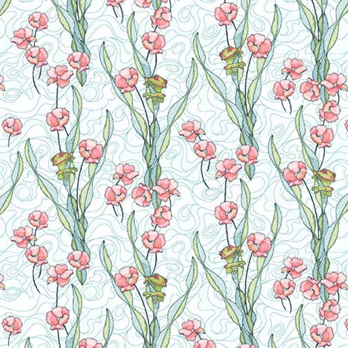 Koi Garden - Frogs and Flowers- Multi - flowers with frogs on light blue