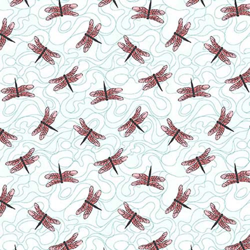 Koi Garden - Tossed Small Dragonflies - Multi - pink dragonflies on light blue
