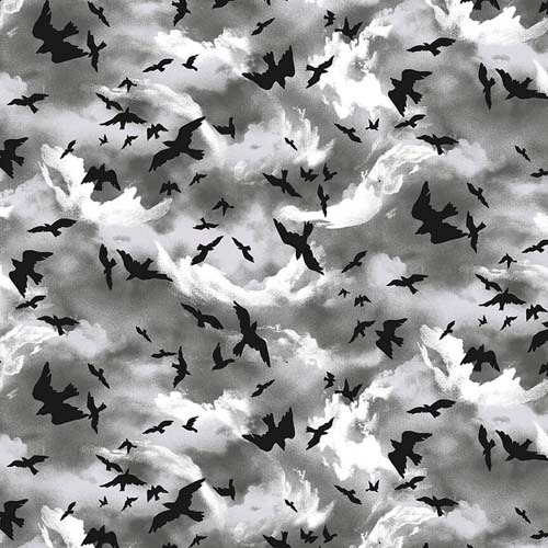 Midnight Magic - Flying Crows- Gray/Black - black crows on cloudy sky