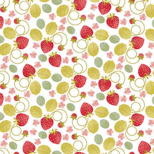Love You Sew - Tossed Strawberries - Multi - red strawberries & leaves on white