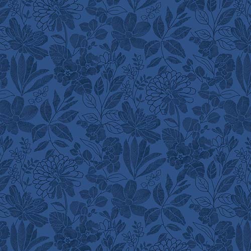 118" Wide Back - Pen and Ink- Floral -Blue - black floral line drawing on blue