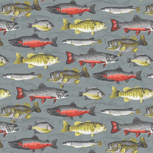 River Rhythms -Freshwater Fish - Pewter -  Red, gray & green fish on gray