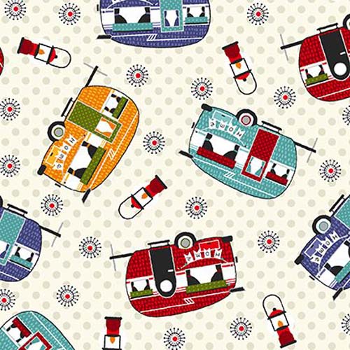 Camping Gnomes - Tossed Campers - Off-White - campers on cream dot