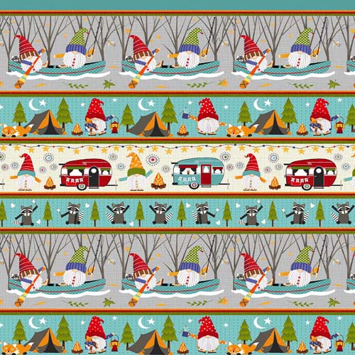 Camping Gnomes - Border Stripe - Multi - gnomes, campers & racoons