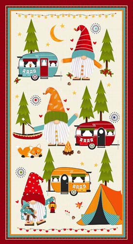 Camping Gnomes - 24in. PANEL - Off-White - gnomes in the woods