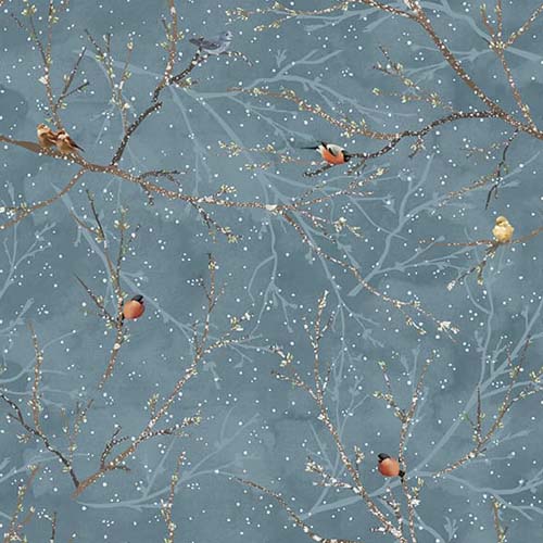 Hazy Shade of Winter - Snow Birds - Slate - small birds on branches on blue gray