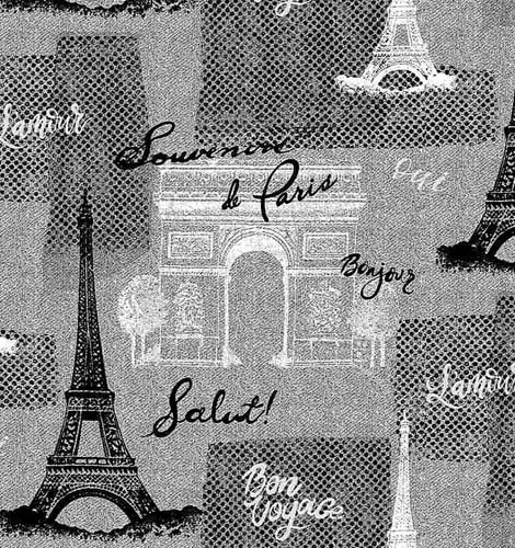 Bonjour - Textured Paris Motifs - Grey - black and white words and scenes on gre