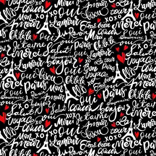 Bonjour - Parisian Words - Black - white words on black with red hearts