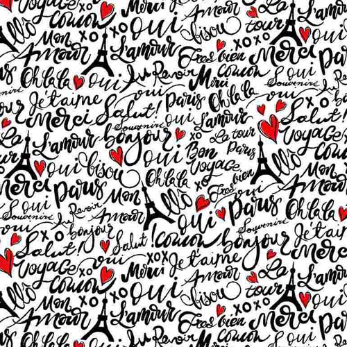 Bonjour - Parisian Words - White - black words on white with red hearts