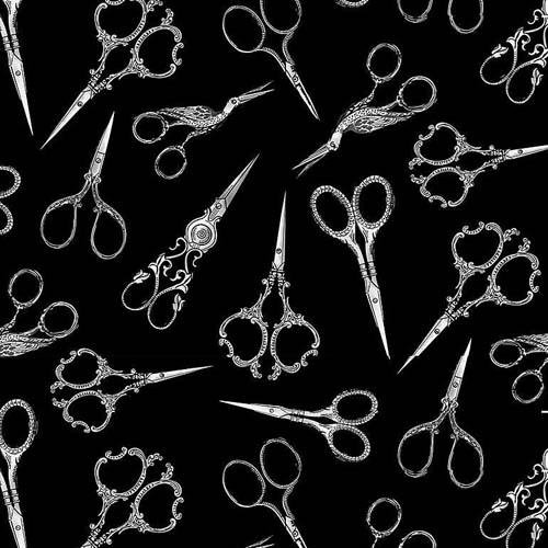 Sewing Room - Tossed Sewing Scissors - Black - tossed silver scissors on black