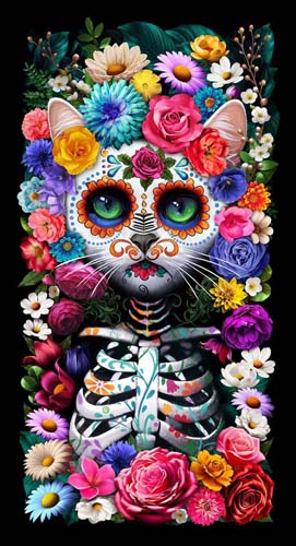 Day of the Dead - 24in. PANEL- Cat - colorful cat skeleton w/ flowers