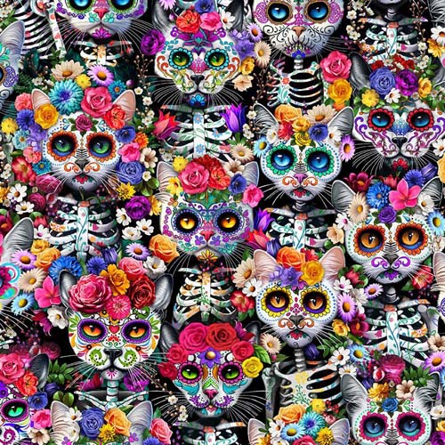 Day of the Dead -Cats & Floral - Multi - packed cat skeletons & flowers