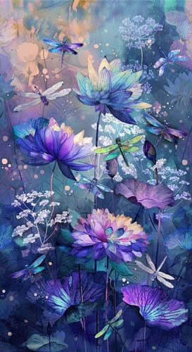 Dragonfly Mist PANEL - 24in. - waterlilies & dragonflies (14)