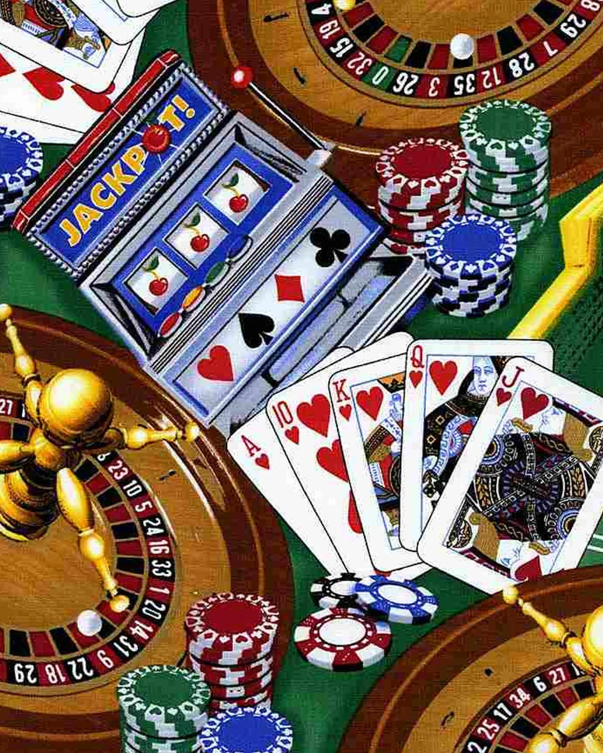 Casino - packed cards, dice, poker chips on green background