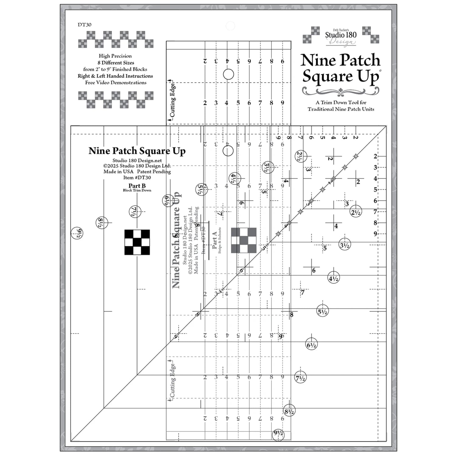 Deb Tucker - Nine patch square up - a trim down ruler - 8 sizes