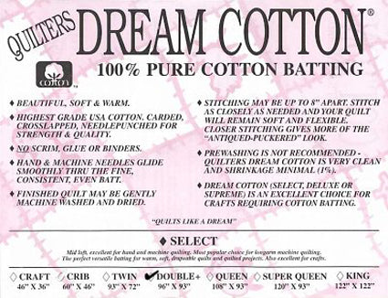 Quilters Dream White CottonSelect - Double - batting 96 x 93