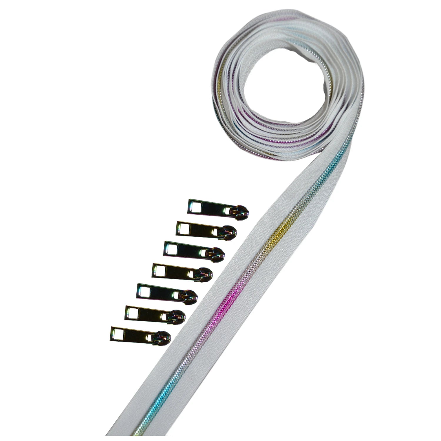 Zipper Tape - Metallic Rainbow zipper on white w/7 pulls