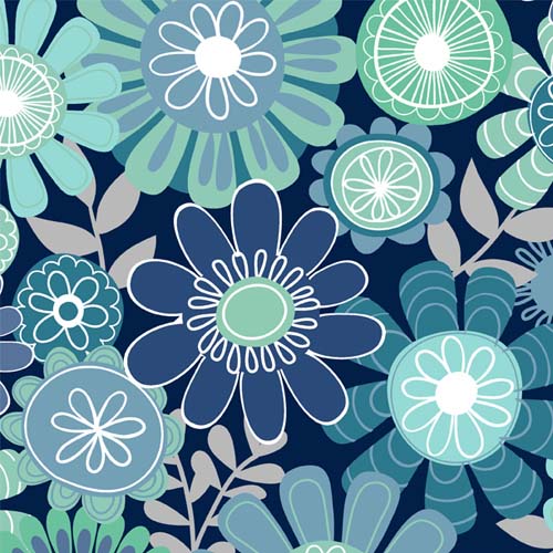 Windsong Meadow - Blossoms - Navy - Large retro flowers in teals on navy