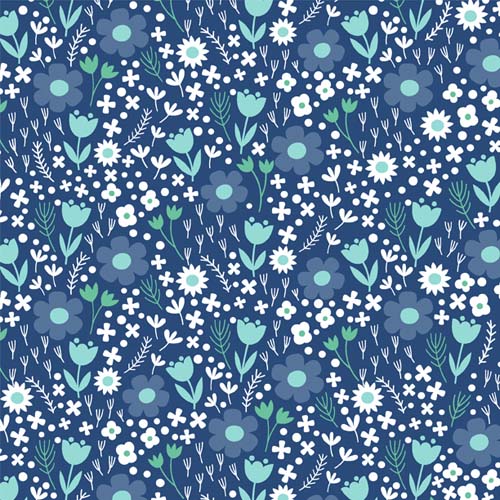 Windsong Meadow - Floral -Blue - Small retro flowers on blue