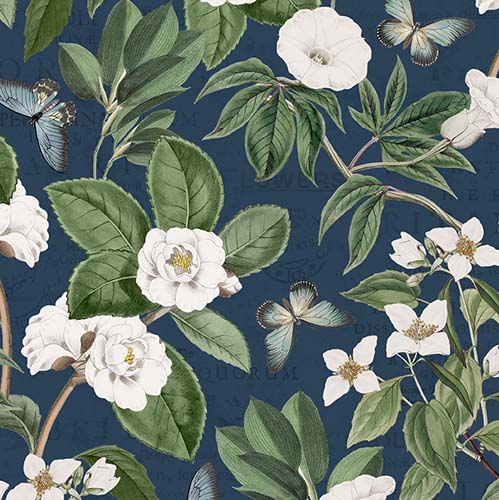 Garden Grace - Botanical - Navy - White flowering branches on navy