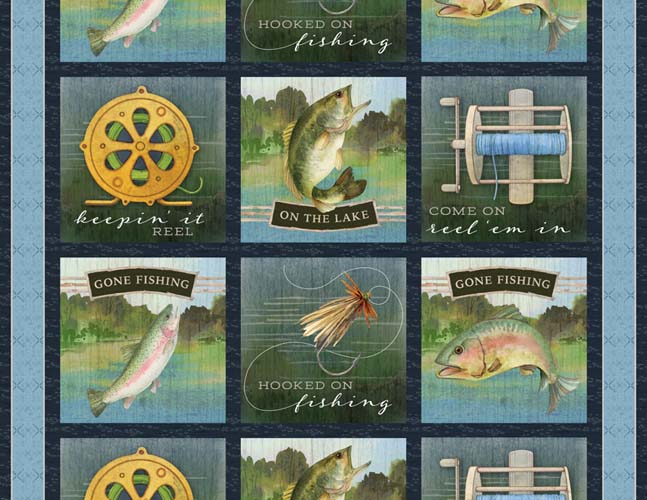 Gone Fishing - PANEL - approx. 24 inches. - 6 smaller squares approx. 11"
