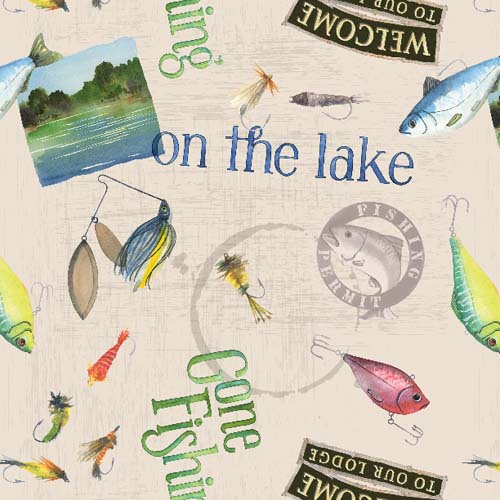 Gone Fishing - Large Toss - Cream - Fish & fishing gear tossed on cream