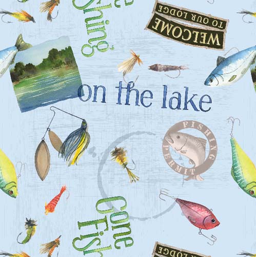 Gone Fishing - Large Toss - LtBlue - fish & fishing gear tossed on lt blue