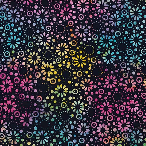 Candy Crush Batik - Dotted Daisies - Multi - small multicolored daisies on black