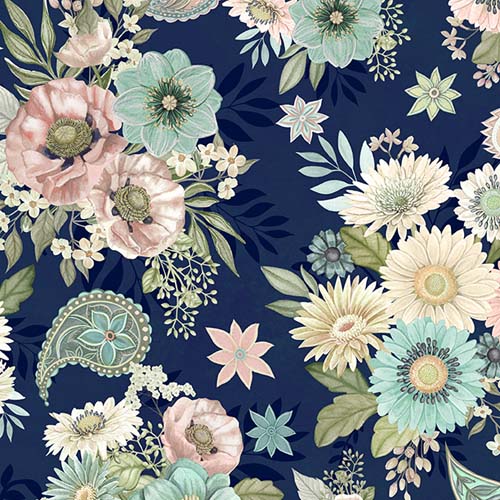 Blissful - Large All over - Navy - pink aqua & cream flowers & paisleys