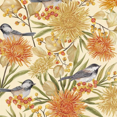 Chickadee Charm - Birds & Floral - Cream - birds & mums on cream
