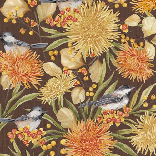 Chickadee Charm - Birds & Floral - Brown - Birds & mums on brown