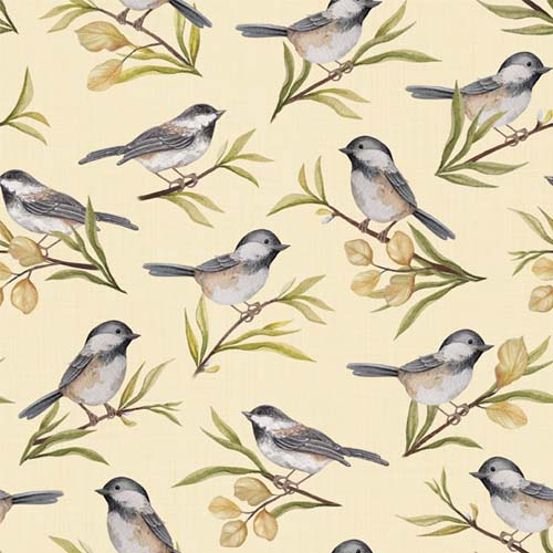 Chickadee Charm - Birds -Cream - Chickadees on branches on cream