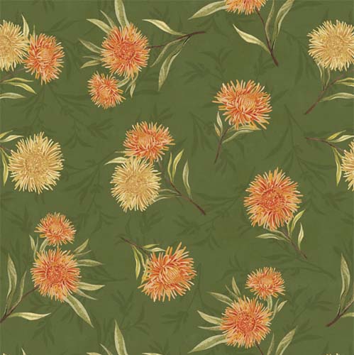 Chickadee Charm - Floral Toss- Green - orange & gold flowers on green